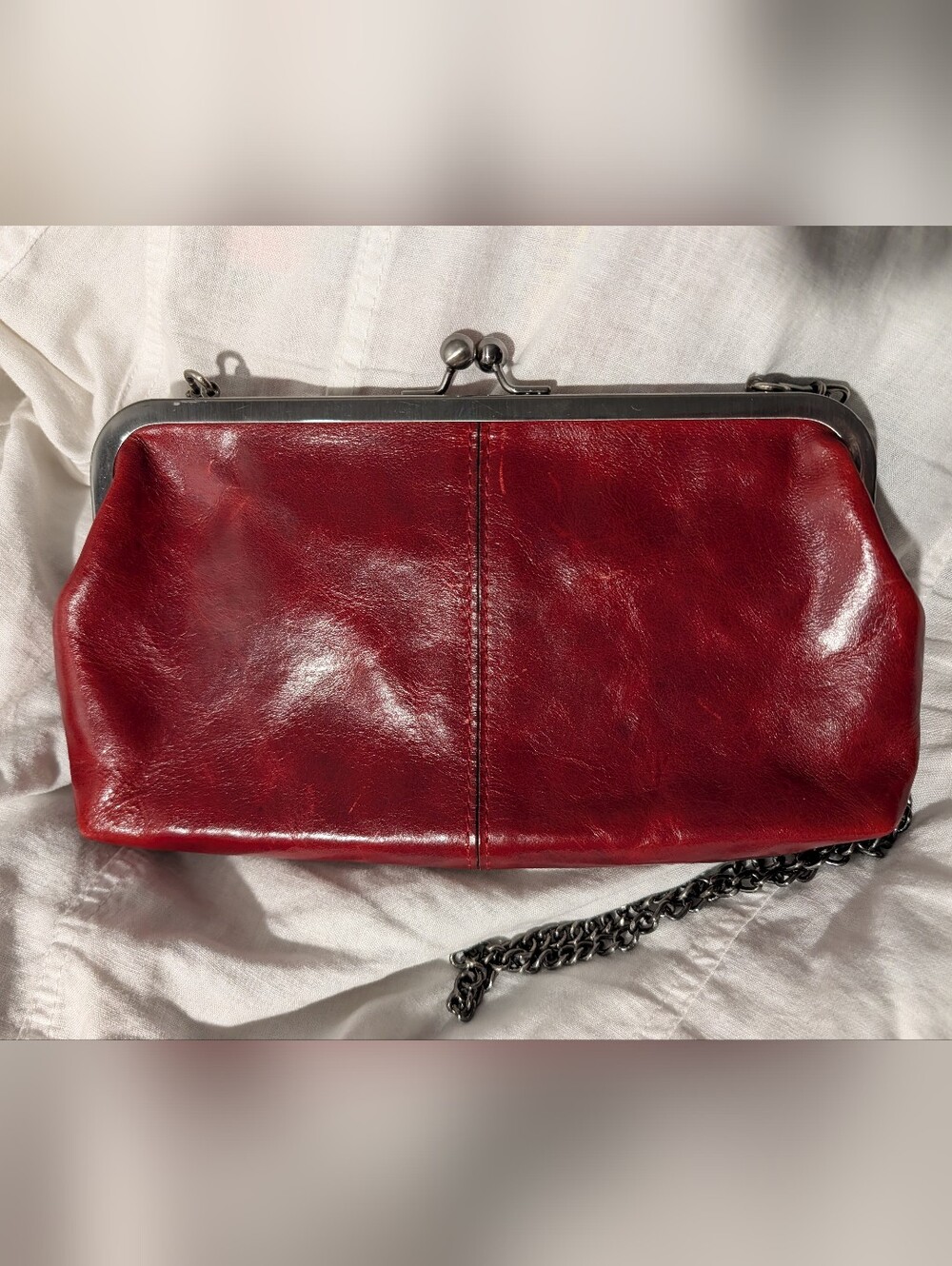 Patricia Nash Deep Red Leather Kisslock Frame Clutch Chain Crossbody Purse Bag